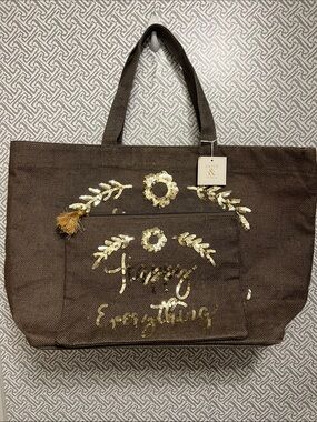 Olive and Hill Jute Burlap Brown Sequin Tote- Happy Everything